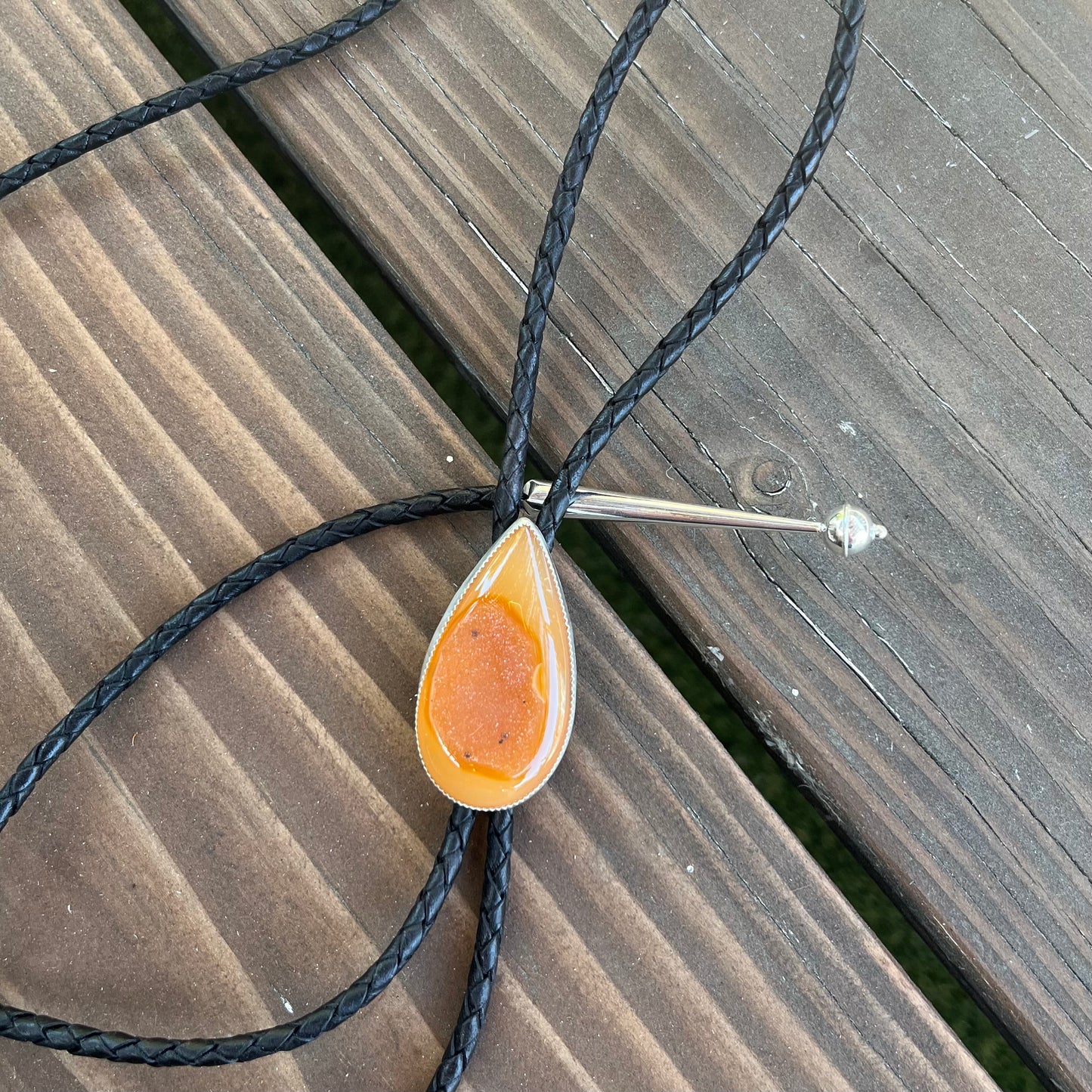 Natural Burnt Orange Brazilian Druzy Sterling Silver Bolo Tie