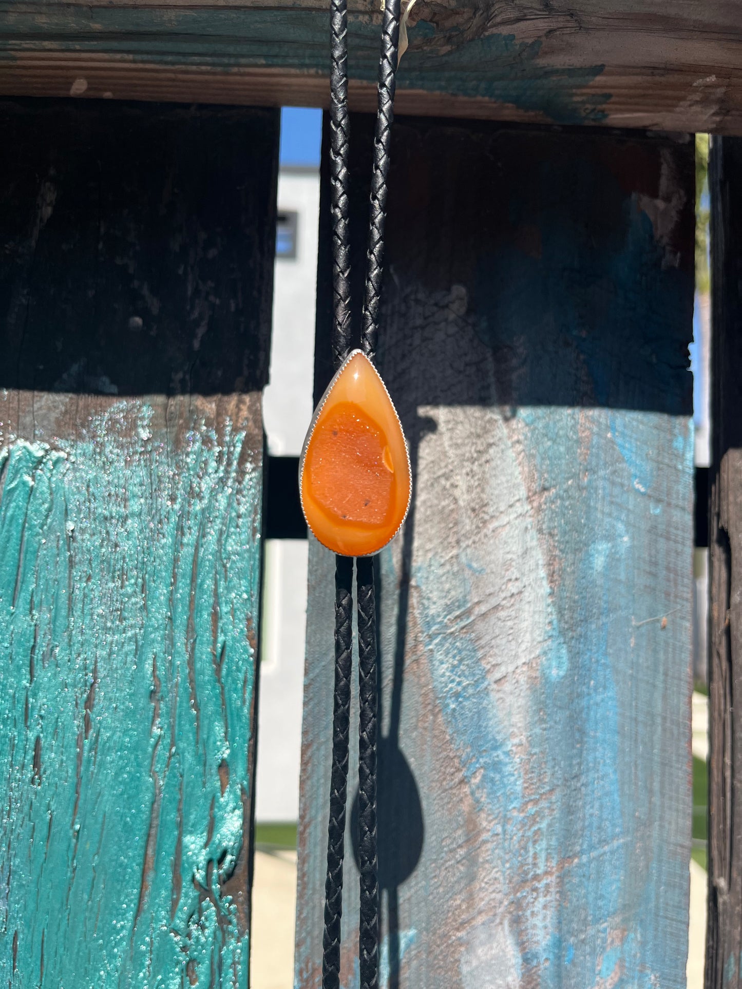 Natural Burnt Orange Brazilian Druzy Sterling Silver Bolo Tie