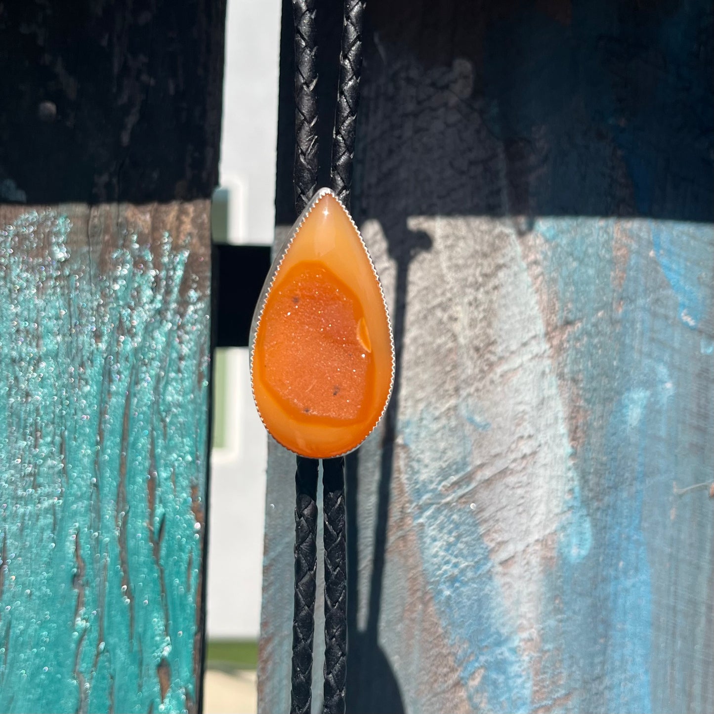 Natural Burnt Orange Brazilian Druzy Sterling Silver Bolo Tie